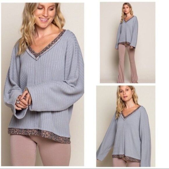 LIGHT Gray V- Neck Ribbed Top w/Leopard Print Trim - Picture 6 of 16